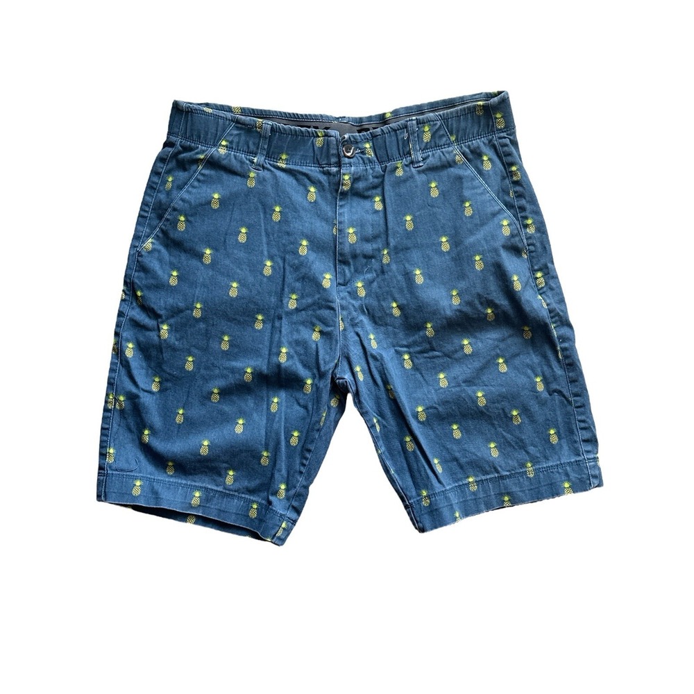 Plugg Flex Men's Chino Style Blue Shorts Pineapple Print Size 32 Cotton/Spandex